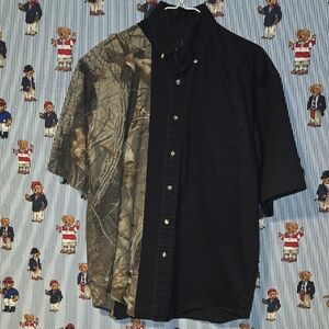 Vintage Janet Black Men's Black and Camouflage Button-Up Shirt Usa Made Medium